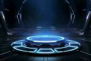 Futuristic stand or podium background. sci-fi display scene, space from the windows of a spaceship AI Generative Illustration photo