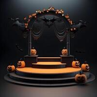 Halloween background with pumpkins on podium. 3d render. AI Generative Illustration. Podium for product shoot. photo