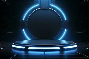 Futuristic stand or podium background. sci-fi display scene, space from the windows of a spaceship AI Generative Illustration photo