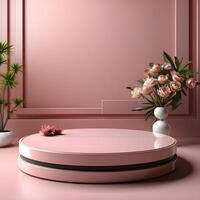 3d render, abstract minimal geometric forms. Glossy luxury podium for your design, pink background. Illustration. Podium for product shoot. photo