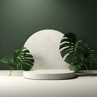 3d render empty space white podium with monstera leaf house plant Podium for product shoot. AI Generative Illustration. photo