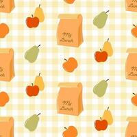 Seamless pattern of hand drawn school lunch box with apple and pear on plaid tablecloth. Design for back to school print, scrapbooking, textile, home and nursery decor, paper crafts. vector