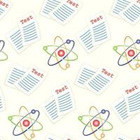 Seamless pattern of hand drawn school elements, atom model and test, on isolated background. Design for back to school prints, scrapbooking, textile, home and nursery decor, paper craft. vector
