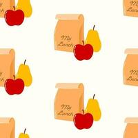 Seamless pattern of hand drawn school lunch box with apple and pear on isolated background. Design for back to school print, scrapbooking, textile, home and nursery decor, paper crafts. vector