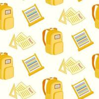 Seamless pattern of hand drawn back to school supplies, abacus and backpack, on isolated background. Design for back to school prints, scrapbooking, textile, home and nursery decor, paper craft. vector