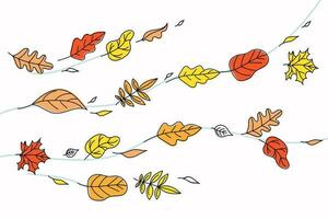 Autumn Leaves Set. Banner, background with leaves. Autumn wind. Leaves flying. Doodle style drawings. Color vector illustration, isolated background.