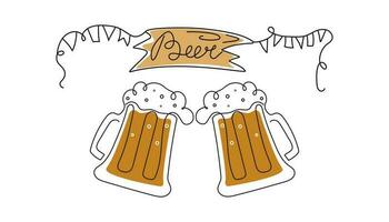 Set of beer mugs in line art style. Beer Day, festival, holiday. Wooden sign with lettering. Calligraphy, outline drawing. Oktoberfest, October. Vector illustration, background isolated.