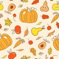 Set of patterns with autumn leaves, fruits and vegetables. Food, fall natural seamless background. Harvest Celebration. Leaffall. Doodle style drawings. Color vector illustration, isolated background.