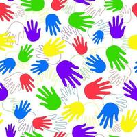 Hands Pattern. Multicolored prints of hands. Color drawing of palms. Abstract seamless vector background.