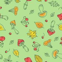 Autumn Pattern mushrooms , leaves and berries. Fly agaric, rowan branch, maple leaf, doodle, drawings, sketch. Black and white vector illustration on color spots. Background white isolated.