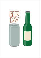 Beer festival. Bottle with beer. Beer can. Lettering,  Oktoberfest. Vector illustration, white isolated background.