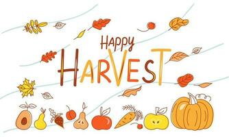 Set of autumn leaves, vegetables and fruits. Banner with inscription, natural background with flying leaves and harvest. Happy harvest, holiday. Autumn wind. Leaves. Doodle style drawings. vector