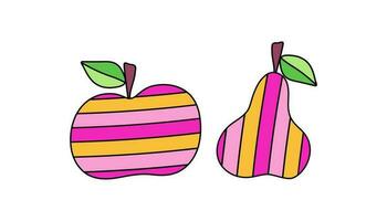 Fruits abstraction, pattern, ornament. Bright fruit with a pattern. Apple and pear, leaf. Vegetarian food. Vector illustration on white isolated background.