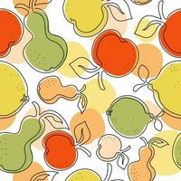 Fruity abstract pattern. Bright linear drawing, apples, pears, lemons, limes. Vector graphics, white isolated background.