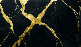 Abstract black marble background with golden veins, japanese kintsugi technique, painted artificial marbled stone texture photo