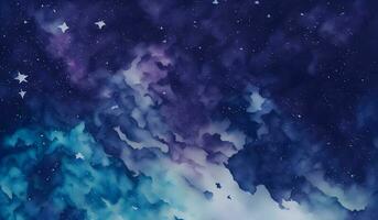 azul y púrpura estrellado cielo acuarela, nebulosa, acuarela cuadro, resumen antecedentes foto