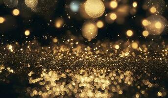 Golden glitter vintage lights black background photo