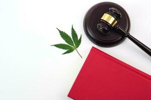 Top view of fresh Cannabis leaf or marijuana leaf with judge hammer and law book on white background. photo