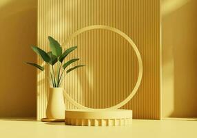 Abstract Yellow Minimal Modern Podium Platform Pedestal For Product Display Showcase Presentation Advertising With Plant 3D Rendering photo