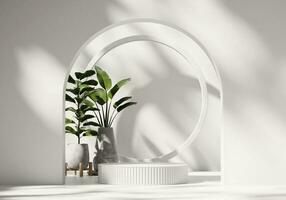 3D rendering platform podium with plant product presentation background photo