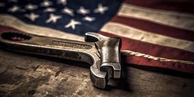 American flag and wrench on wooden background. Labor day concept, photo