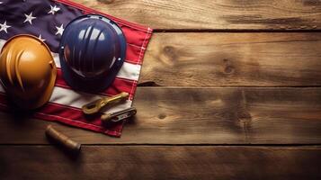 American flag with safety helmet and tools on wooden background. Labor day concept, photo