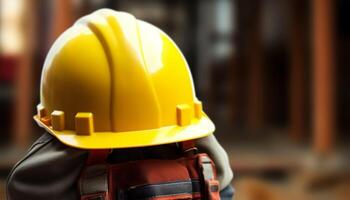 Close up of engineer hand holding yellow hard hat on construction site background, photo