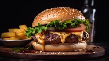 Cheese burger - American cheese burger with Golden French fries on wooden table, photo