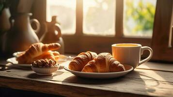 desayuno con café y croissants en un cesta en el mesa, generativo ai foto