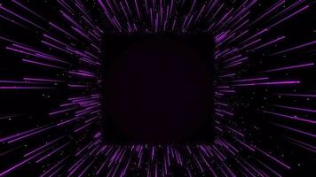 Purple square frame floating glowing color rays background loop. Square badge creative colored glow lines traces flowing seamless backdrop. Template for title. Place for text. video