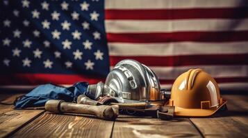 americano bandera con la seguridad casco y herramientas en de madera antecedentes. labor día concepto, generativo ai foto