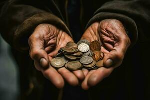 Close up of old man's hands holding coins. Poverty concept, charity day concept, Generative Ai photo