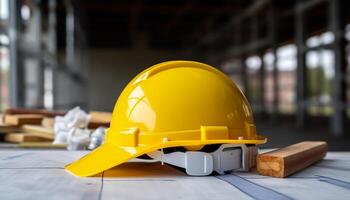 Yellow safety helmet and construction tools on a building site background. Construction concept, photo