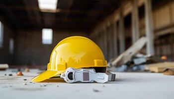 Yellow safety helmet and construction tools on a building site background. Construction concept, photo