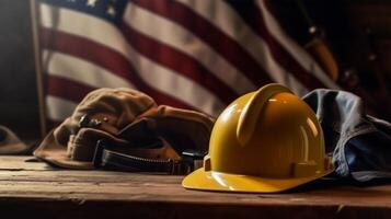 americano bandera con la seguridad casco y herramientas en de madera antecedentes. labor día concepto, generativo ai foto