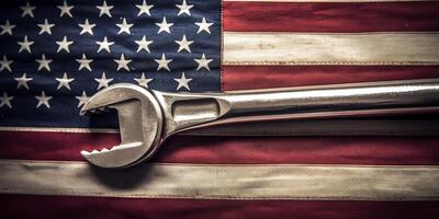 American flag and wrench on wooden background. Labor day concept, photo