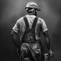 Black and white portrait of a Labor in uniform and wear helmet holding a toolbox, Labor day concept, generative ai photo