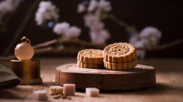 Mid-Autumn Festival moon cake and Sakura blossom background, photo