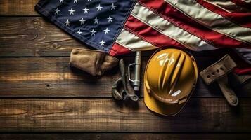 americano bandera con la seguridad casco y herramientas en de madera antecedentes. labor día concepto, generativo ai foto