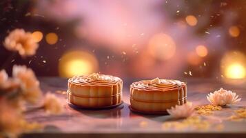 Mid-Autumn Festival moon cake and Sakura blossom background, Generative AI photo