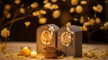 Gift boxes with blooming branch on bokeh background. New year, mid autumn festival, celebration, Generative AI photo