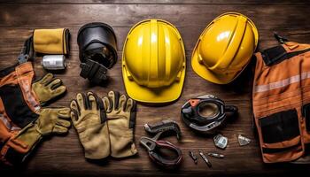 American flag with safety helmet and tools on wooden background. Labor day concept, Generative Ai photo