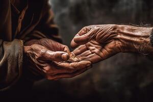 manos de un antiguo mendigo mendicidad para dinero desde un mayor hombre, caridad día generativo ai foto