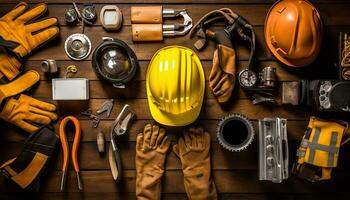 American flag with safety helmet and tools on wooden background. Labor day concept, Generative Ai photo