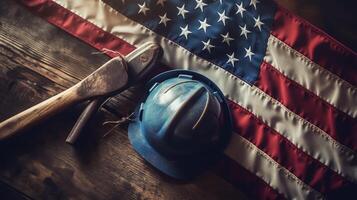 American flag with safety helmet and tools on wooden background. Labor day concept, photo