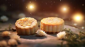 Mid-Autumn Festival moon cake and Sakura blossom background, Generative AI photo