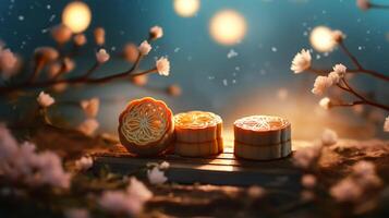 Mid-Autumn Festival moon cake and Sakura blossom background, Generative AI photo