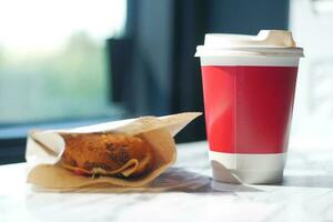 Blank take away kraft coffee cup on table , photo