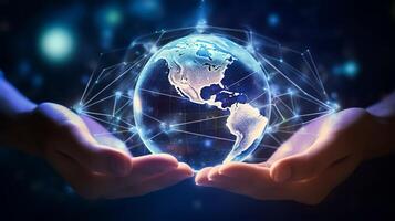 Close up of human hands holding Earth planet and connection lines photo