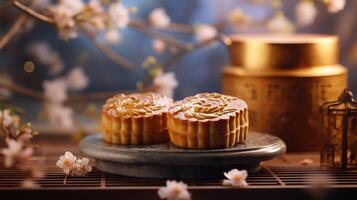 Mid-Autumn Festival moon cake and Sakura blossom background, photo